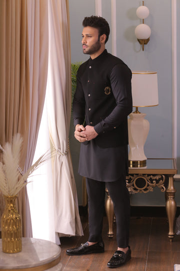 Black Color Golden Embroidered Waist Coat For Men